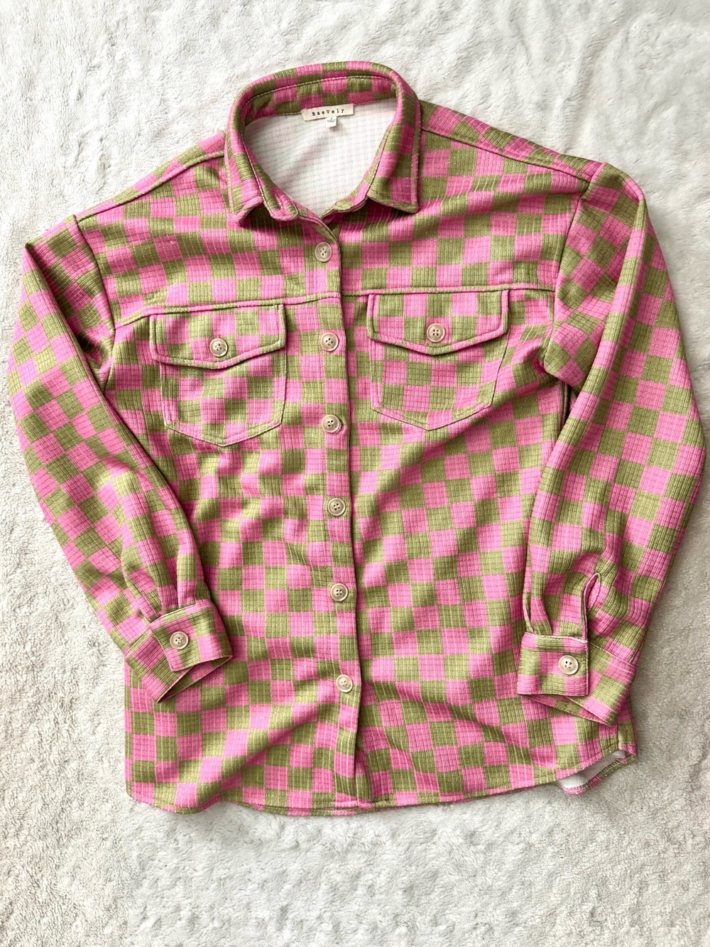 NWOT- BaeVely Textured Button Up Green & Pink Checkered Shacket